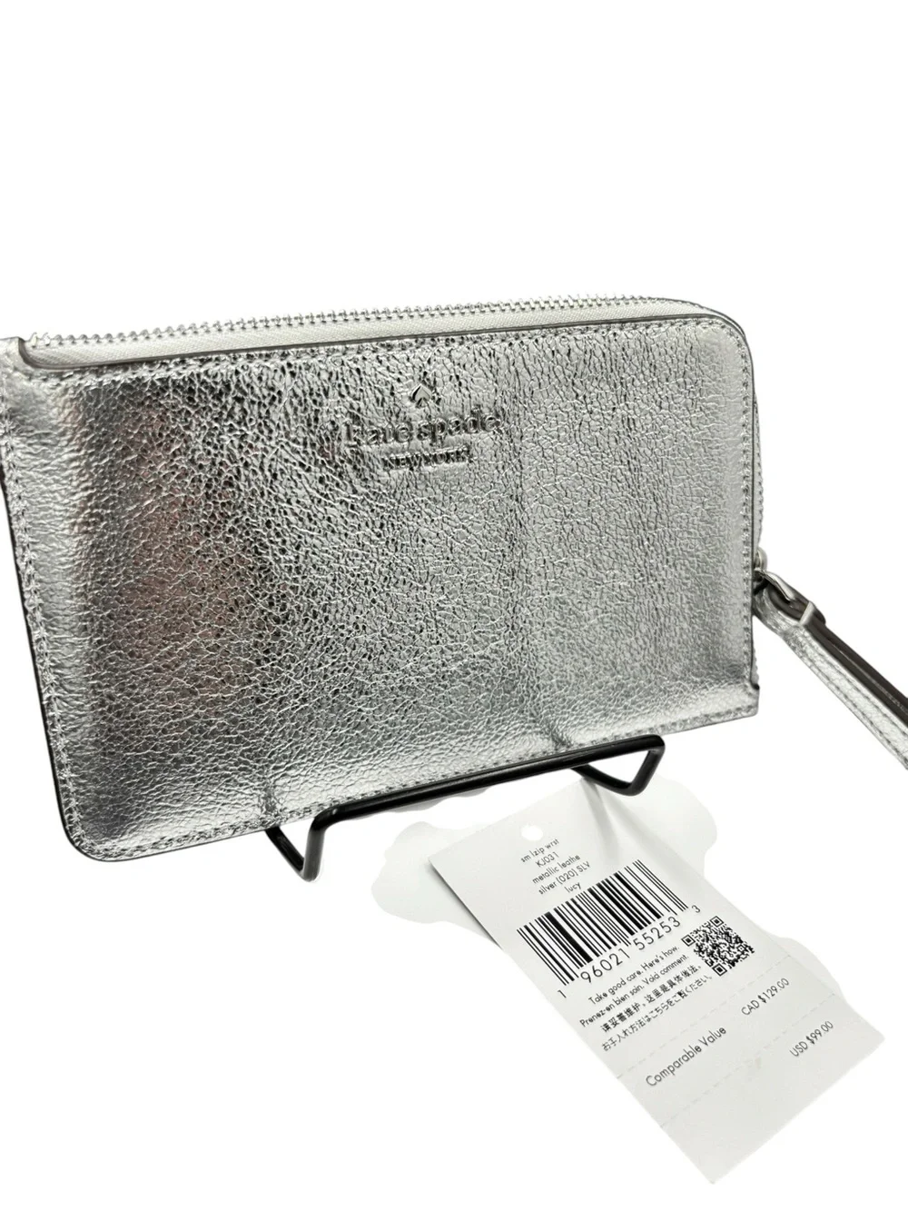 Kate Spade Lucy Metallic Silver Leather Zip Wristlet $99 NWT